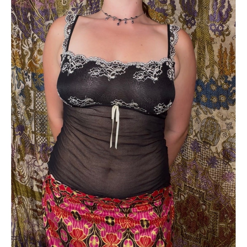 Y2K Sheer Black Mesh Whimsigoth Cream Lace Dark Coquette Elevated Cami Size M